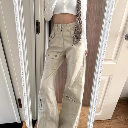 American Retro Pocket Design Workwear Jeans for Women, Summer New High-Waisted Loose Slimming Flared Floor-Length Pants
