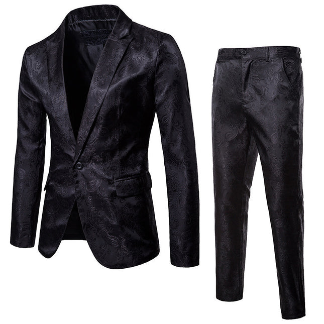 2023 Foreign Trade Spring and Autumn New Men's Glossy Dark Pattern Suit Nightclub Single-Button Men's Lapel Suit Set Wholesale