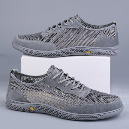 Men's Shoes 2025 Summer New Men's Fly-Woven Mesh Breathable Hollow Leather Shoes Deodorant Feet Flats Wear-Resistant Casual Shoes