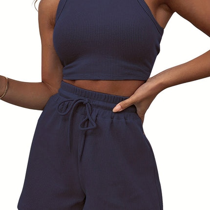 2026 Cross-Border Summer New Style Sleeveless Waffle Set Solid Color Vest Top Tie-Up Shorts Casual Two-Piece Set