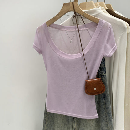Summer Ootd Purple Light U-Neck Slim Short-Sleeved T-Shirt for Women 2025 Summer New Style Unique and Beautiful Age-Reducing Style