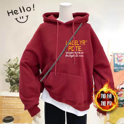 Wine Red Hooded Sweatshirt Women's oversize Loose Autumn and Winter Fashion All-match American Top Spring and Autumn Jacket