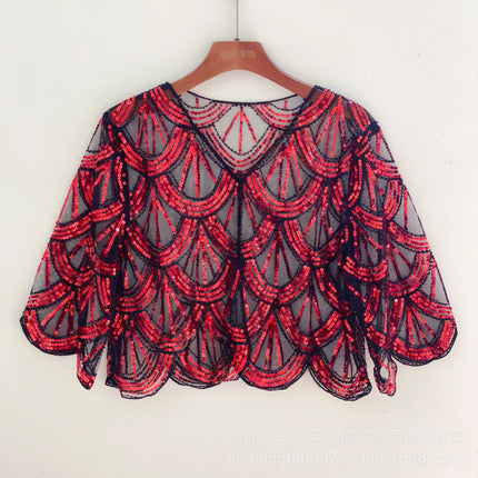 New Sequin Seven-sleeve Small Coat Short Cardigan Cheongsam Outer Waistcoat Small Shawl Waistcoat Ball Thin Shawl Women