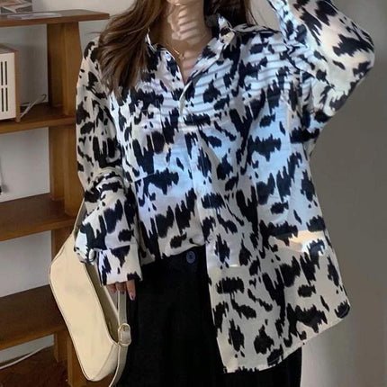 Personalized Printing ~ Retro Elegant Niche Hong Kong Style Long-Sleeved Shirt for Women Spring & Fall New Loose Casual Lapel Shirt