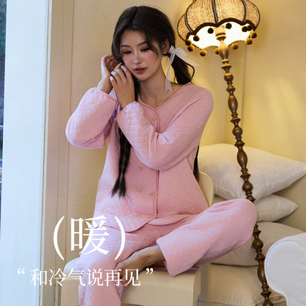 Factory high quality Autumn and Winter Air Cotton Pajamas Women's Warm Three-Layer Quilted Long-Sleeved Outwear suit