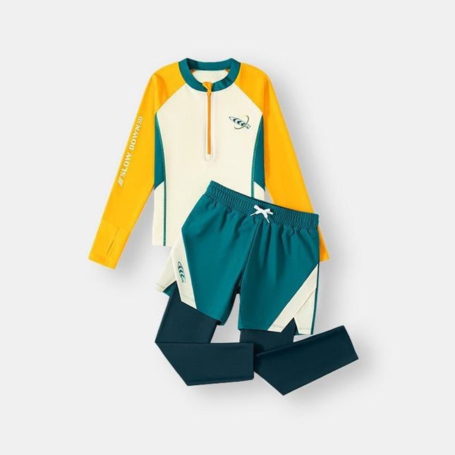 Baby Boy, Middle and Large Children, Slim Long-Sleeved Split Swimsuit Suit, Super Fairy Cut Out Kindergarten Summer Sports Three-Piece Suit