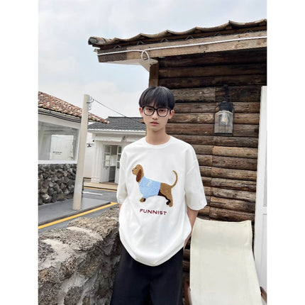 Air Layer Skin-Friendly Dachshund Towel Embroidered Short-Sleeved T-Shirt for Men and Women Summer Heavy Cotton Couple Half-Sleeved T-Shirt