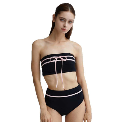 New Style Two-Piece Swimsuit for Women, Contrasting Color Bandeau Two-Piece Bikini, High-Waisted Cross-Border Aliexpress Swimsuit
