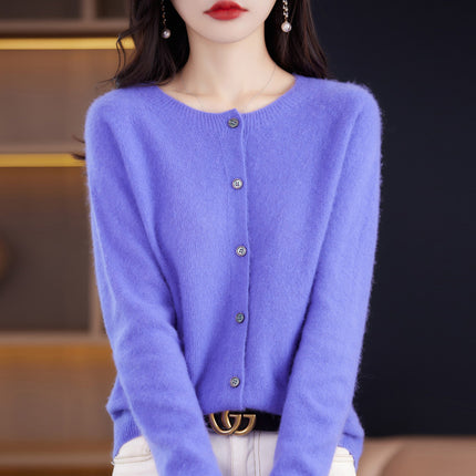 2024 Round-Neck Autumn and Winter Women's Cardigan Sweater Coat 100% Wool Loose Outerwear Versatile Knit Wool