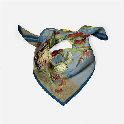 53cm Spring French Van Gogh Oil Painting Series Bottle Phoenix Flower Women's Decorative Small Scarf Silk Scarf Small Square Scarf Wholesale
