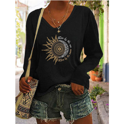 2023 European and American Amazon independent station wish autumn and winter new hot selling women's printed V-neck long sleeve loose T-shirt for women