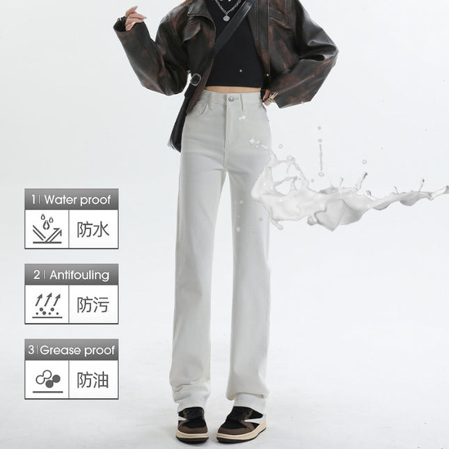 Three-proof worry-free Denim straight pipe pants elastic high waist pile pants waterproof oil-proof anti-fouling functional Denim
