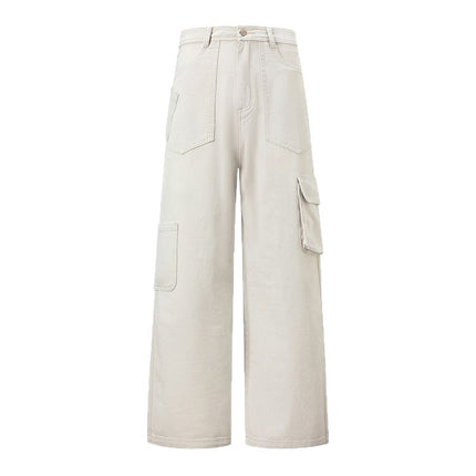 American Retro Gray Cargo Pants for Women 2025 Spring New Design Multi-Pocket Loose Wide-Leg Jeans