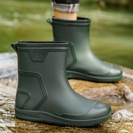 Rain Boots Men's Mid-Calf Water Shoes Waterproof Mouth Drawstring Rubber Shoes Kitchen Takeaway Rider Overshoes Fleece-Lined Warm Rain Boots