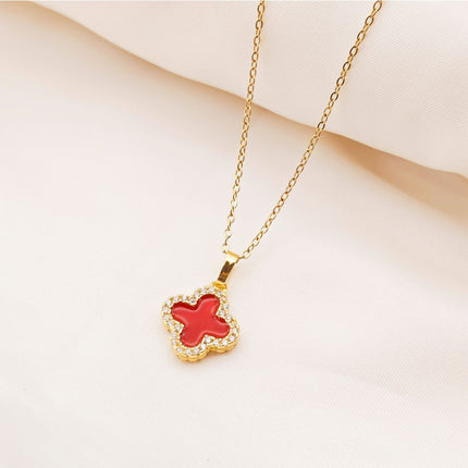 Light Luxury Double-sided Oil Drop Four-leaf Clover Necklace Women's Golden High-grade Micro-set Zircon Flower Pendant Clavicle Chain Accessories