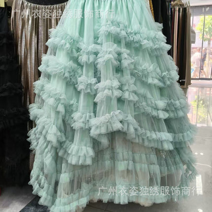 European and American French Romantic Heavy-Duty Ruffled Mesh Fluffy Skirt with Short Front and Long Back Asymmetrical Cake Skirt Fairy