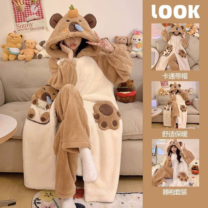 Autumn and Winter Coral Velvet Pajamas Cartoon Nightgown Set Capibala Women's Velvet Thickeneded Cold-Proof and Warm Home Clothes