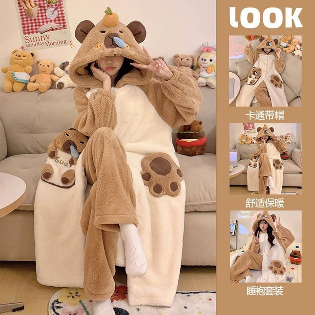 Autumn and Winter Coral Velvet Pajamas Cartoon Nightgown Set Capibala Women's Velvet Thickeneded Cold-Proof and Warm Home Clothes