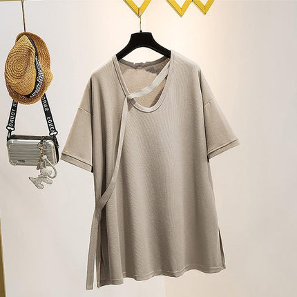 Niche Design Sense Mid-length Short-sleeved T-shirt 2024 Summer chubby girl plus size Women's Loose Slimming All-match Solid Color Top