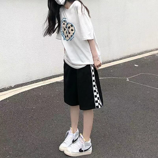 Chessboard Plaid Wide-leg Shorts Women's Summer Korean-style Loose Black-and-white Plaid All-match Casual Sports Pants Ins Trendy