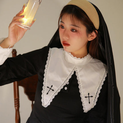 Evil Nun! Halloween Cos Costume Contrast Style Blackened Gothic Dark Style Horror Dress for Adult Women
