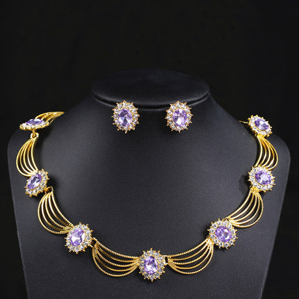 Cross-Border Gemstone Necklace, Artistic Retro Medieval Court Jewelry, Fan-Shaped Aesthetic Internet Celebrity Style Necklace and Earrings Set
