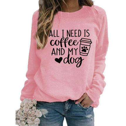 Foreign trade supply all I need is coffee printed crew neck top sweater European size ladies coat long sleeve