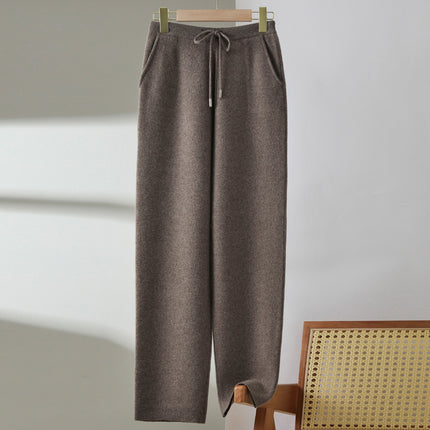 New Pure Wool Leggings Women's Fashion Casual Thickened Knitted Pants Solid Color Lace-up Sesame Dot Outer Pants Trousers