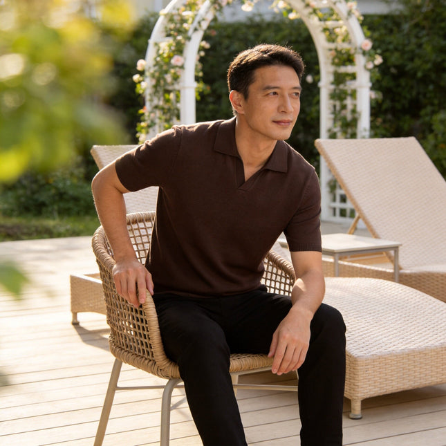 GDDQSDC Scissors Collar Polo Knit T-shirt Men's Casual Mulberry Silk Solid Color Lassel Short Sleeve Light Luxury Vintage