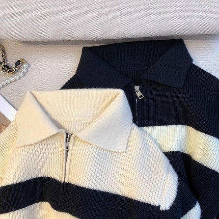 Mall Withdraws 2025 Spring and Autumn Korean Version Polo Collar Striped Sweater for Women, Loose Retro Knitwear Trend