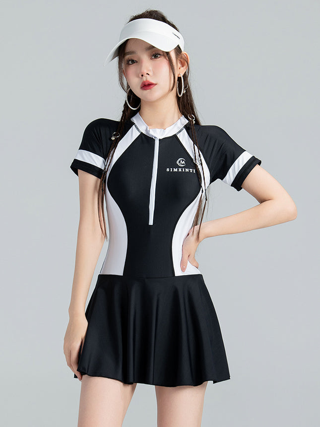 Sports Short-sleeved Swimsuit Women's 2023 New Style Slim-fit Swimsuit Conservative Swimsuit Body-fit Skirt Hot Spring Swimsuit