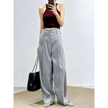 Fan-Favorite: New Spring/Summer Houndstooth Pants for Women, High-Waisted Wide-Leg Pants, Straight Loose Fit, Slimming Suit Pants