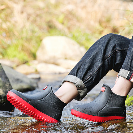 Men's rain boots non-slip waterproof fashion rain boots fleece-lined warm rubber shoes kitchen work mid-calf short water shoes overshoes