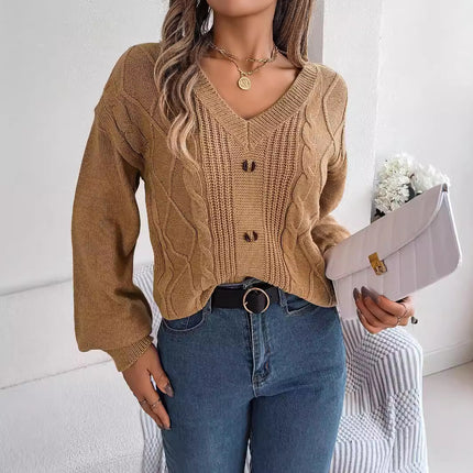 Big Sale 2024 Autumn and Winter Pure Color V Neck Button Twist Lantern Sleeve Pullover Sweater Amazon Cross-Border European and American Clothing