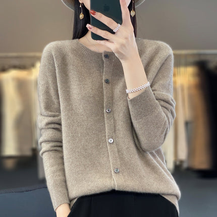 Round neck first-line clothing pure wool sweater cardigan coat women's osmanthus needle knitted bottoming shirt long sleeve solid color top