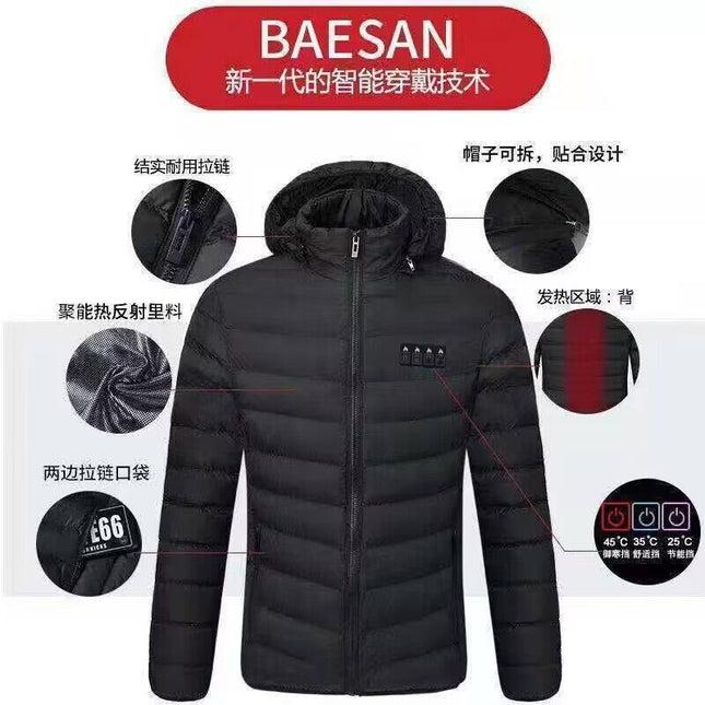 Cross-border Explosions Heating Cotton Clothes Men's USB Heating Clothing Area 21 Heating Clothing Hooded Cotton-padded jacket Four-control Heating Clothing