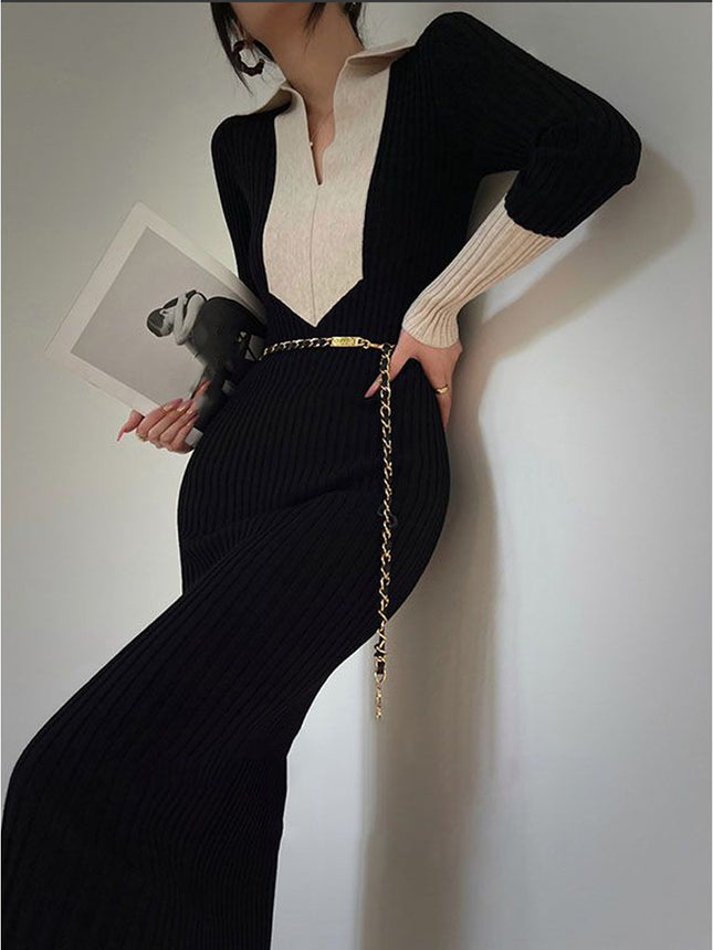 Contrast Color Polo Collar Long-Sleeved Knitted Dress Women's 2025 Autumn and Winter New Hepburn Style Slim Long Skirt