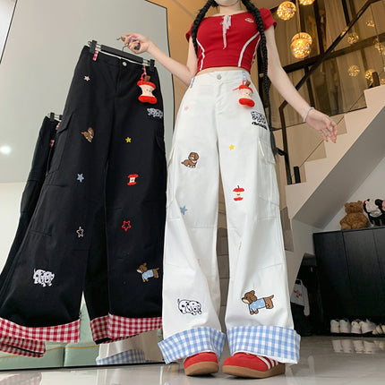 Real Shot Cartoon Embroidered Apple Dachshund Jeans for Women, New Versatile Design Wide-Leg Straight Floor-Length Pants