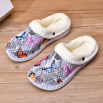 Velvet Cut Out Clogs, Home Casual Slip-On Warm Cotton Slippers, Autumn and Winter Cute Butterfly Garden Shoes, Comfortable