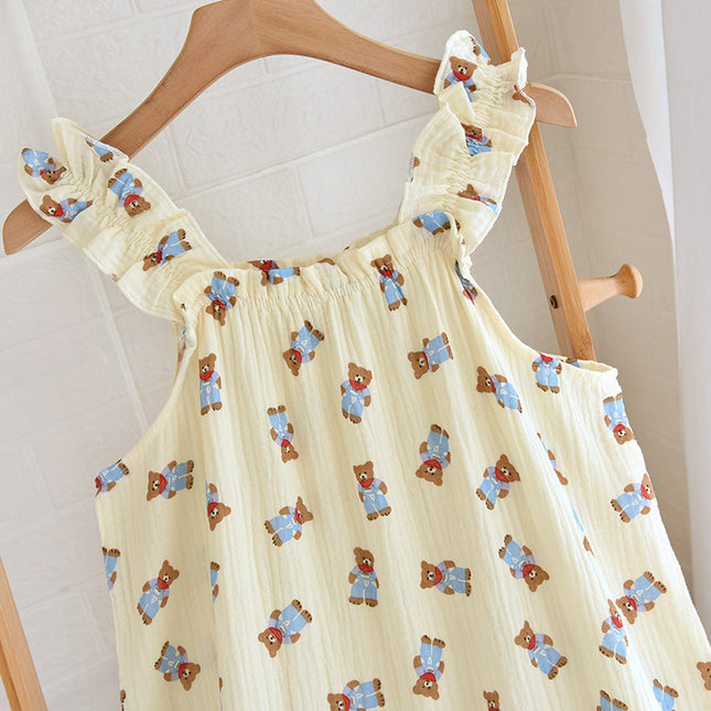 Cotton Gauze Sling Nightgown Women's Summer All Cotton Thin Cute Fresh Pajamas Loose Sweet Crepe Home Clothes