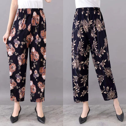 Middle-Aged and Elderly Women's Summer Thin Floral Pants, Loose Fit, Ice Silk Cropped Granny Pants, Direct from Manufacturer