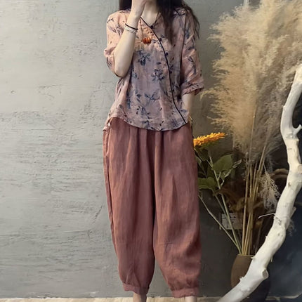 Trendy Summer New Women's Cotton and Linen Set: V-Neck Top to Cover Belly and Slimming Harem Pants Two-Piece Set