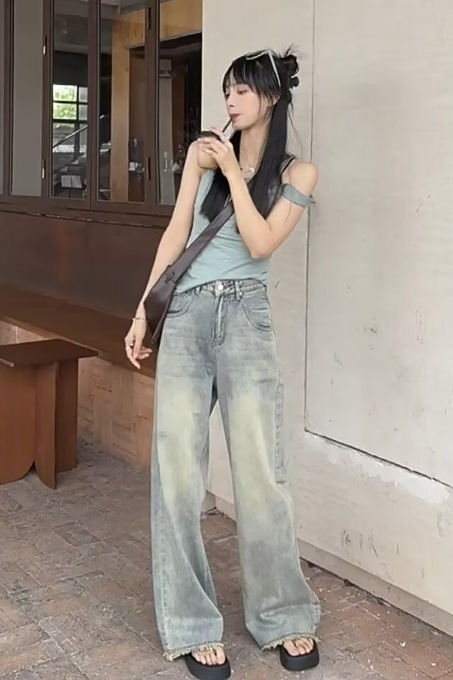 Vintage distressed wide-leg jeans women's 2024 early spring new light-colored high-waist draped rough edge mop straight pants