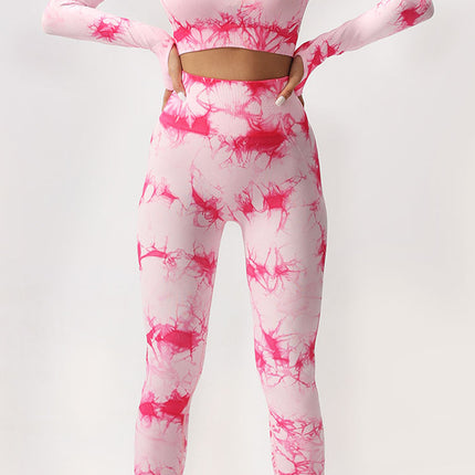 European and American Cross-border Seamless Tie-dyeing Fitness Sports Long Sleeve High Waist Peach Belly Tight Pants Yoga Sports suit