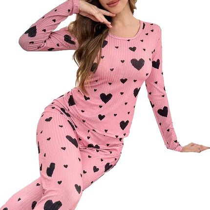 Cross-Border Temu Amazon Hot-Selling Comfortable and Simple Heart-Printed Pajamas for Women Long-Sleeved Pants Home Wear Set
