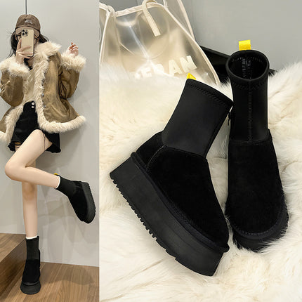 Platform thick bottom leather snowshoes women's 2024 new winter five-layer foam thick bottom increased warm elastic pencil boots