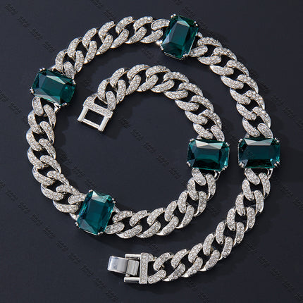 Emerald New Hip-Hop Necklace, Fashionable and High-End Alloy Rhinestone Cuban Chain Pinduoduo Drop Shipping
