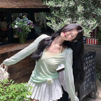 Mint Green Thin Layered V Neck Sun Protection Long-Sleeved T-Shirt for Women Summer Slimming Look Right Shoulder Pure Color Top