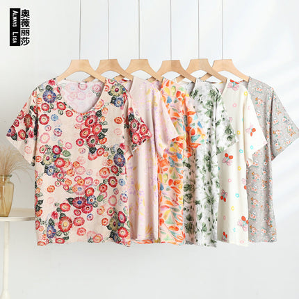 Retro Style Cotton Short-sleeved Women's Middle-aged and Elderly Mother's Vest Printed Outer Wear Base-layer Shirt All-match Artificial Cotton Top