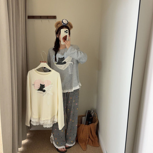 Autumn and Winter Long-Sleeved Trousers Casual Pajamas Nap Kitten Fashion Lace Can Be Worn Outside Home Clothes Set